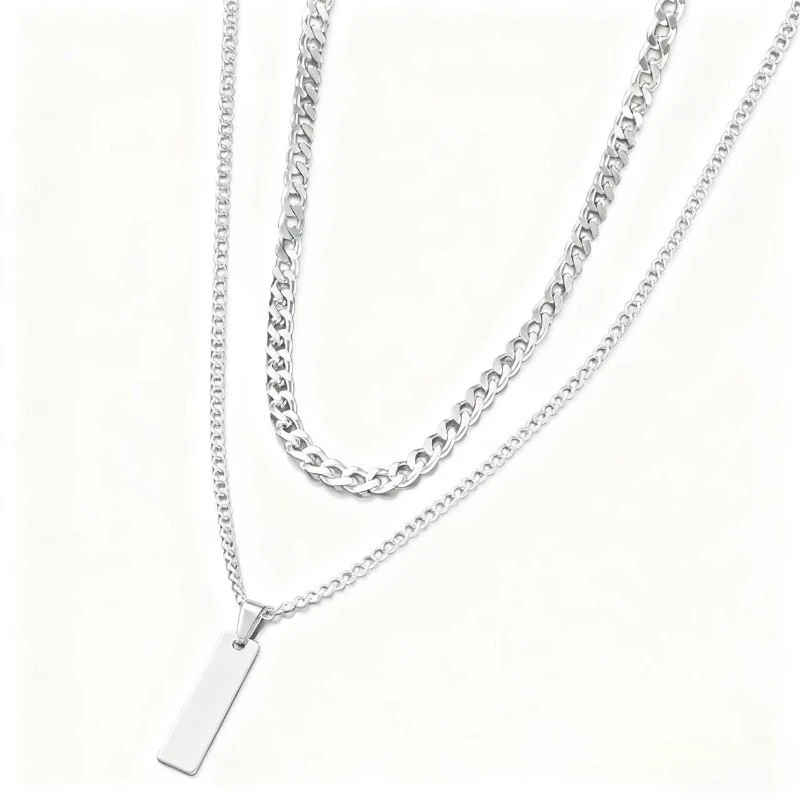 2-Piece Men's Layered Necklace Set - Minimalist Rectangle Pendant & Collarbone Chain, Ideal Gift for Christmas/New Year