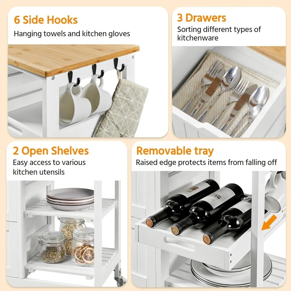 Kitchen island cart on wheels with bamboo countertop, 3 drawers, 3 removable shelves, lockable casters, storage cabinet 5