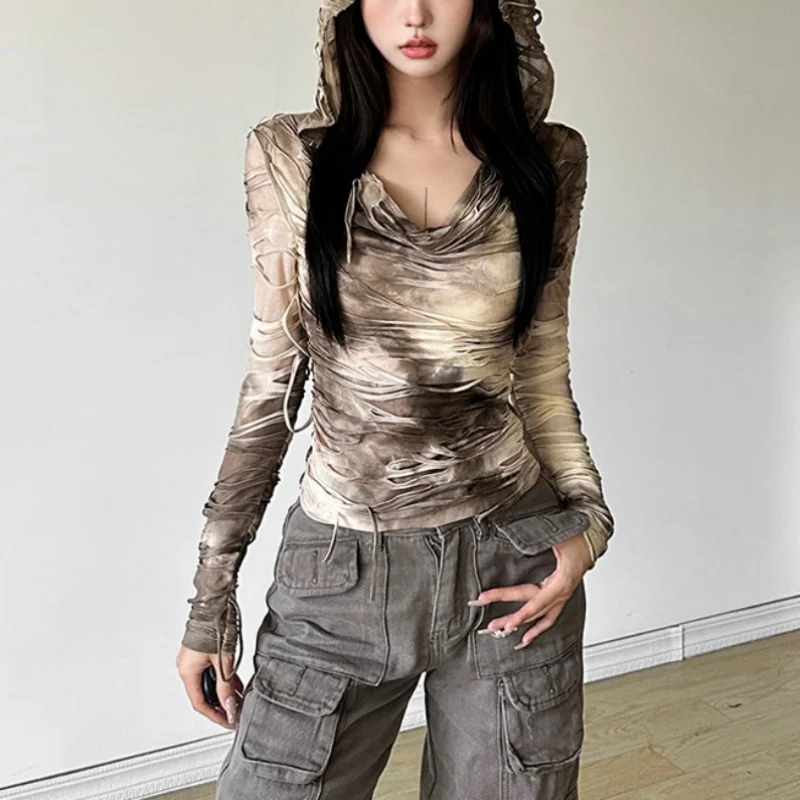 Wasteland Tops Mujer Y2K Ropa Tie Dye Estampado Rasgado Camiseta de Manga Larga con Capucha Ropa Cybercore de los 2000 Ropa Urbana