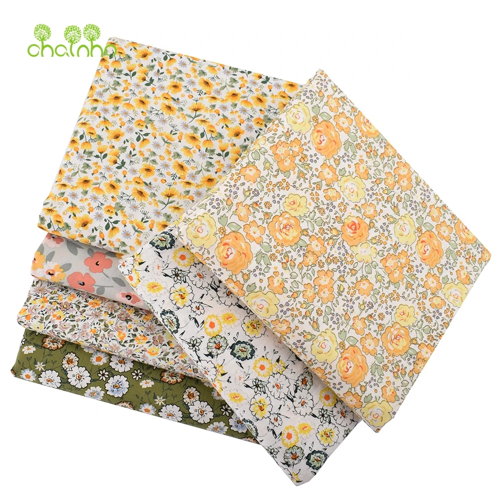 Chainho,Printed Plain Weave Poplin Cotton Fabric,DIY Quilting Sewing Material,Patchwork Cloth,Floral Series,3 Sizes,15PC38