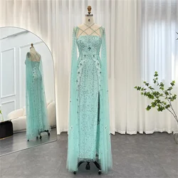 Classic Wedding Dress Cape Sleeves To Floor Square Collar Tie Beaded Patch Diamond Tulle Lace Luxury Blue/Purple Prom Dress