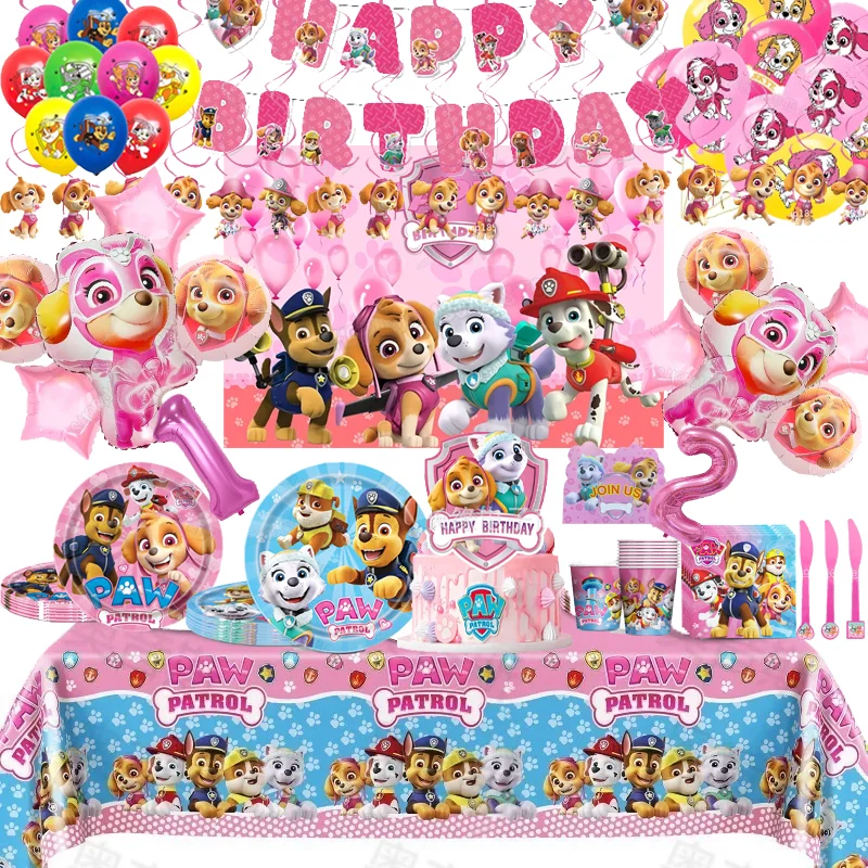 Paw Patrol Birthday Party Decoration Chase Skye Figure Dinner Plate Banner Cake Topper Numer Balloon Set Anime Stoviglie A Tema