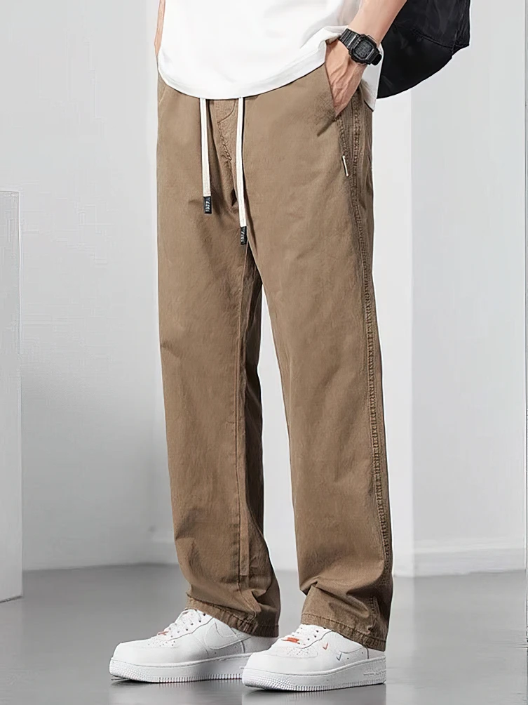 100% Cotton Straight Casual Pants Men Work Wide Leg Brown Long Cargo Trousers Loose Drawstring Sweatpants Male 2