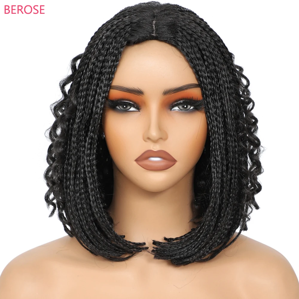 Ombre 1B 27 Burgundy 30# Boho Box Braids Crochet Hair Wigs peruque naturel femme Short Box Braided Wig with Curly Hair for Girls