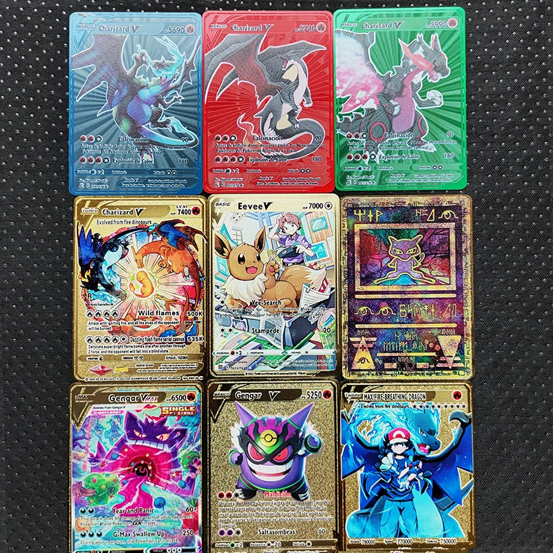 

2023 Pokemon Metal Cards Pikachu Vmax Charizard Gengar Eevee snorlax Anime Games Collection Letters Iron Cards Toys Kids Gifts