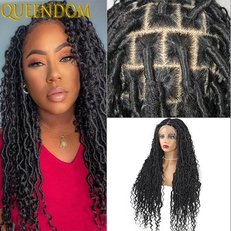 

Black Full Lace Braided Wigs for Women 32 Inch Bohemia Lace Front Goddess Faux Locs Wig Lace Frontal Synthetic Twist Braids Wigs