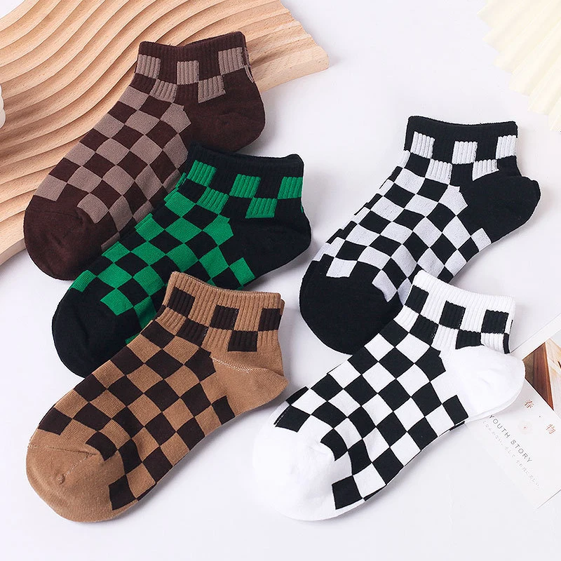 Chaussettes de damier pour femmes, modèle Harajuku, Tube bas géométrique, style Hip Hop, Streetwear, en coton, pour filles