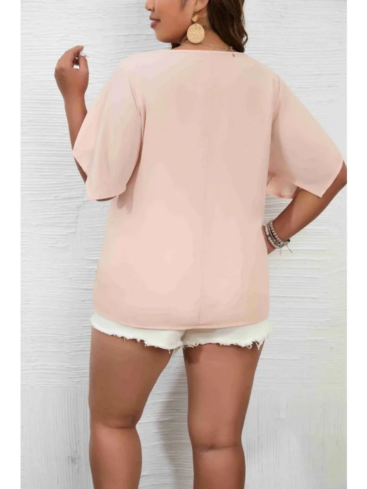 Plus Size 1XL-5XL Women's Solid Color Short Sleeve BlouseV Neck Bell Sleeve Blouse Casual Pullovers Shirt Top