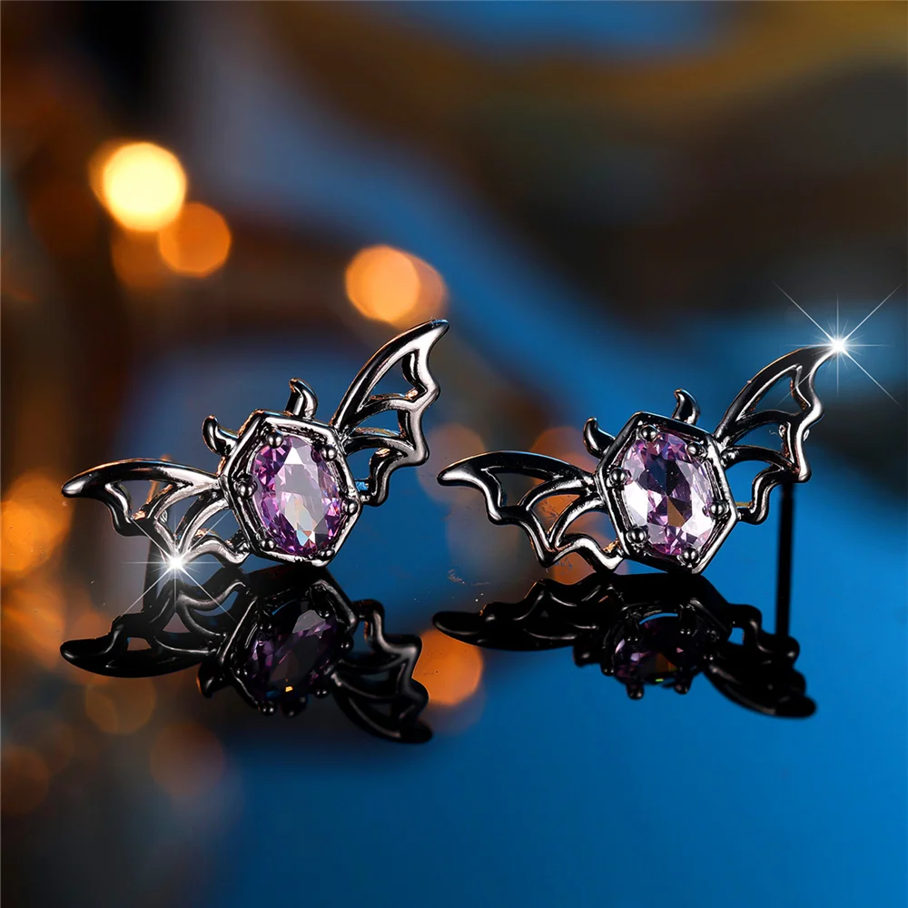 Cute Female Crystal Purple Zircon Stone Bat Animal Stud Earrings Black Gold Color Wedding Jewelry For Women