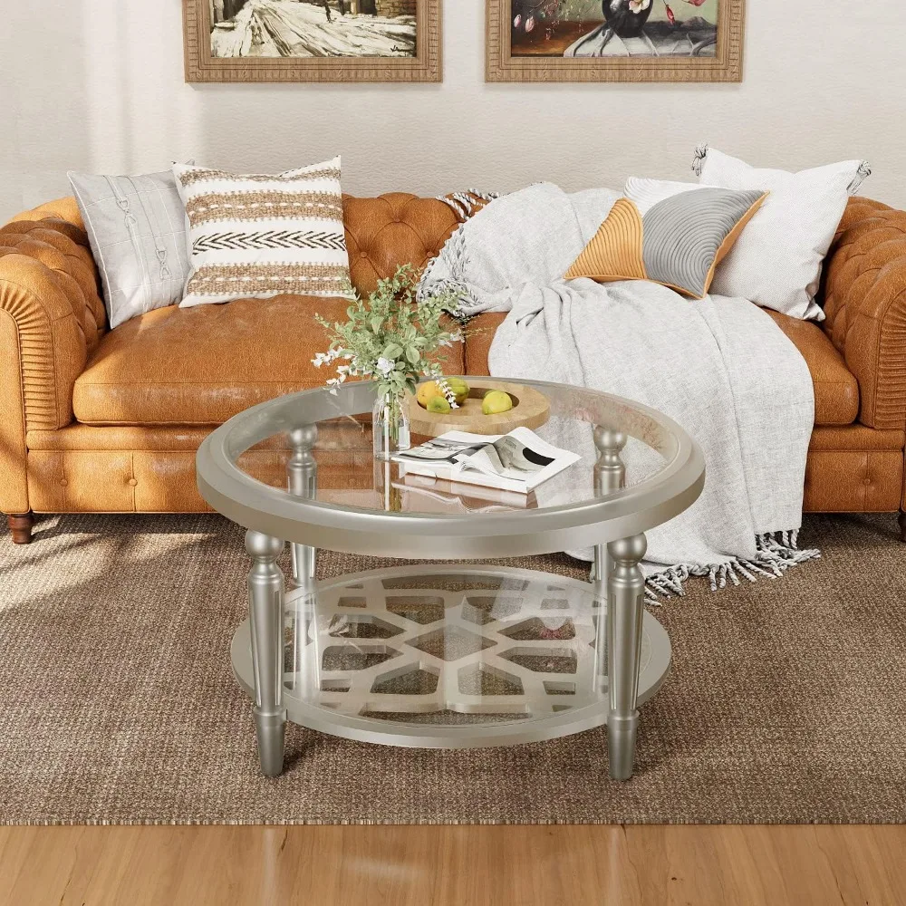 Round Coffee Table, MDF Sofa Table with Storage Open Shelf, Double-Tempered Glass Living Room Table, End Table for Livin 4