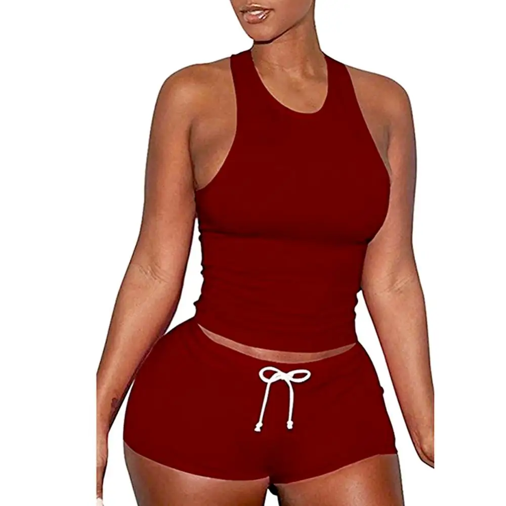 

2pcs Sexy Short Two Piece Set Women Outfits Raceback Sleeveless Vest Top Drawstring Shorts Cotton 2 Piece Set Women Tracksuits