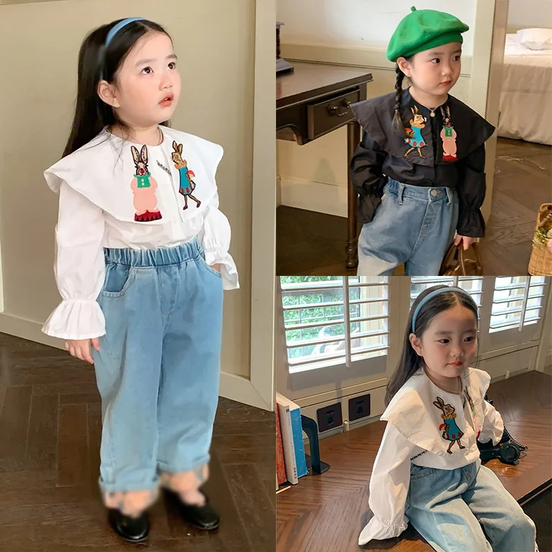 3-8T Puff Sleeves Baby Girl Shirt Long Sleeve Cartoon Embroidery Shirt Big Lapel Cute Blouse Autumn Spring Korean Casual Tops