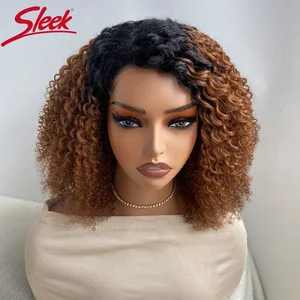 Sleek Curly Human Hair Wigs For Women TT1B/30 Brown Ombre Colored Lace Brazilian Hair Wigs Wear And Go Short Glussless Wigs