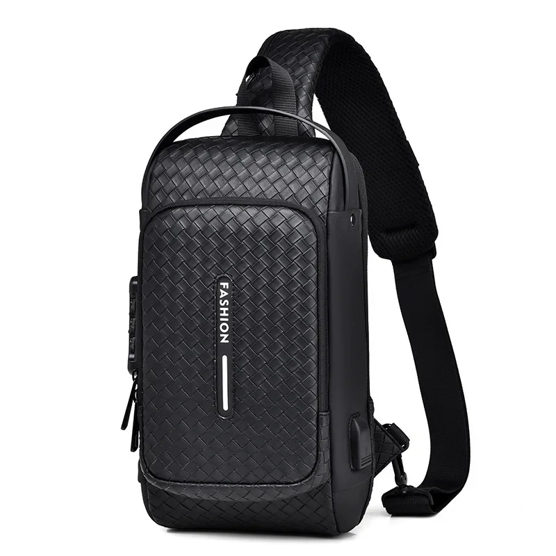 

Men's chest bag with combination lock Woven large capacity shoulder bag USB Charging Crossbody Package Short Trip Messengers Bag