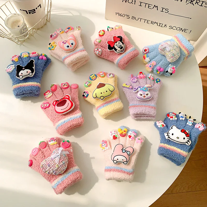 

Sanrio Anime Hello Kitty Warm Gloves Kuromi Children Pompompurin Five Finger All Inclusive Jacquard Mitten Birthday Gift