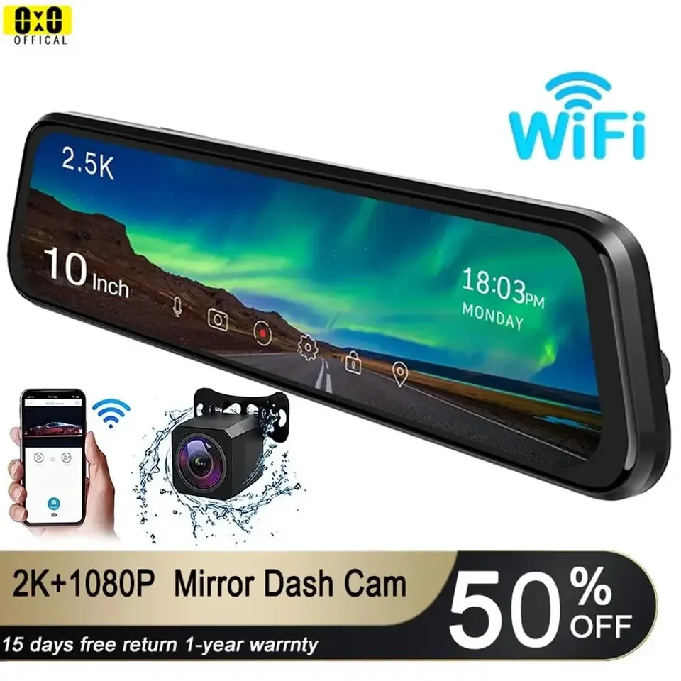 2K Dual Dash Cam with WiFi & GPS - 2560x1440P Car Rearview Mirror Recorder, 128GB Support, Parking Mode, Reverse Camera, Night