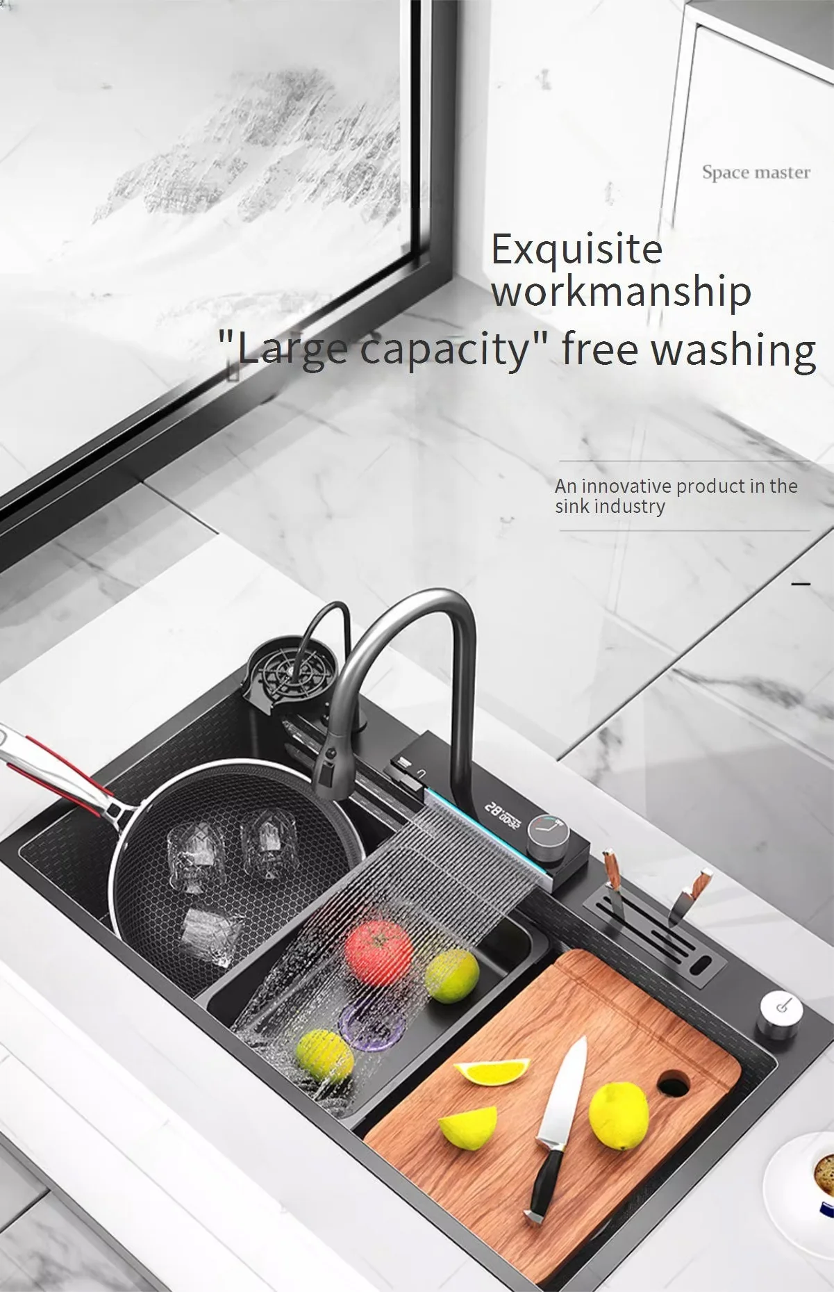 Description Picture 2 of itemStainless Steel Waterfall Kitchen Sink Embossed Extra Large Single Bowl Dishwashing pool Multifunctional Vegetable Wash Basin