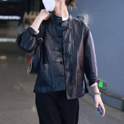 Retro Chinese Style Real Leather Jacket For Women 2023 Female 100% Sheepskin Lined Suit Collar Slim Short Quilted Coats O-Neck