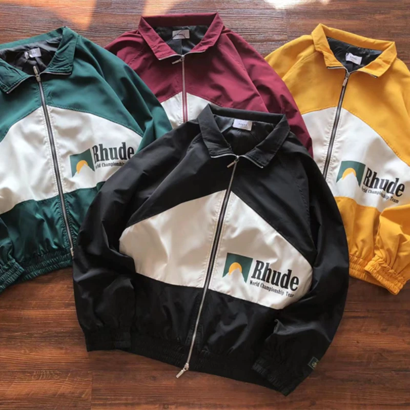 

Rhude Sunset Print Logo Patchwork Jacket Men Women Streetwear Bomber Jacket Best Quality Pill Zipper Outwear Moonlight Coats