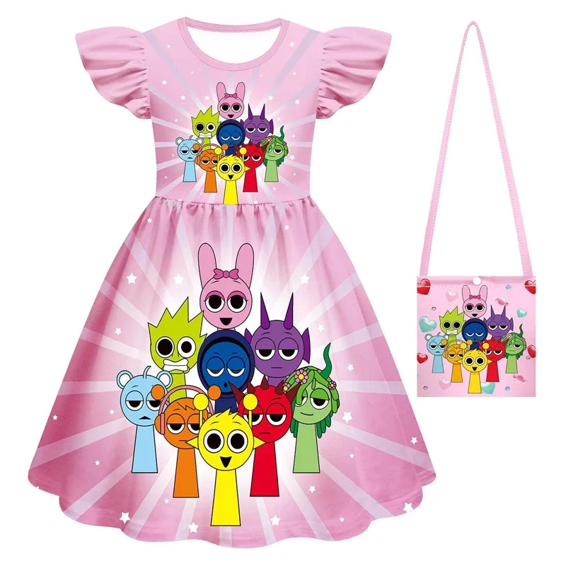Anime Cartoon Child Girls Sprunki Figures Printed Dress + Bag Party Clothing Baby Girls Birthday Gift