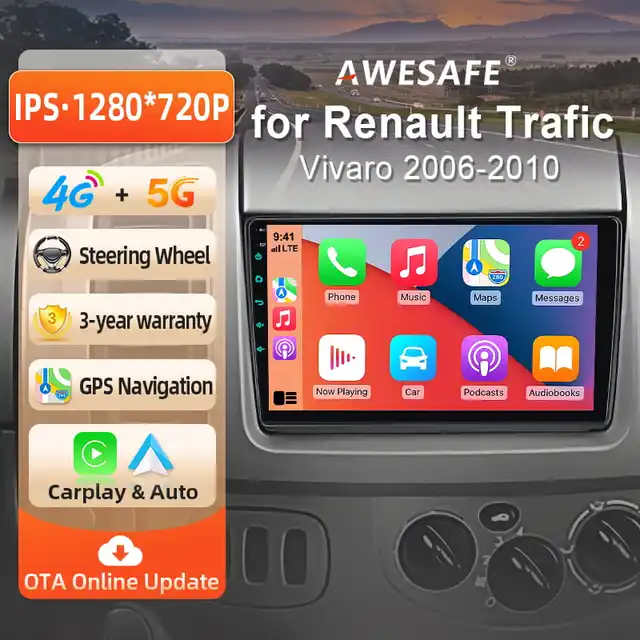 Autoradio Android AWESAFE 10 pouces pour Renault Trafic 2 Nissan Primastar Opel Vivaro 2006-2010, CarPlay et Android Auto sans fil, navigation GPS, support multimédia, commande au volant, amplificateur de subwoofer, caméra arrière avec CAN-BUS, radio numérique DAB+ Plug and Play EU 1