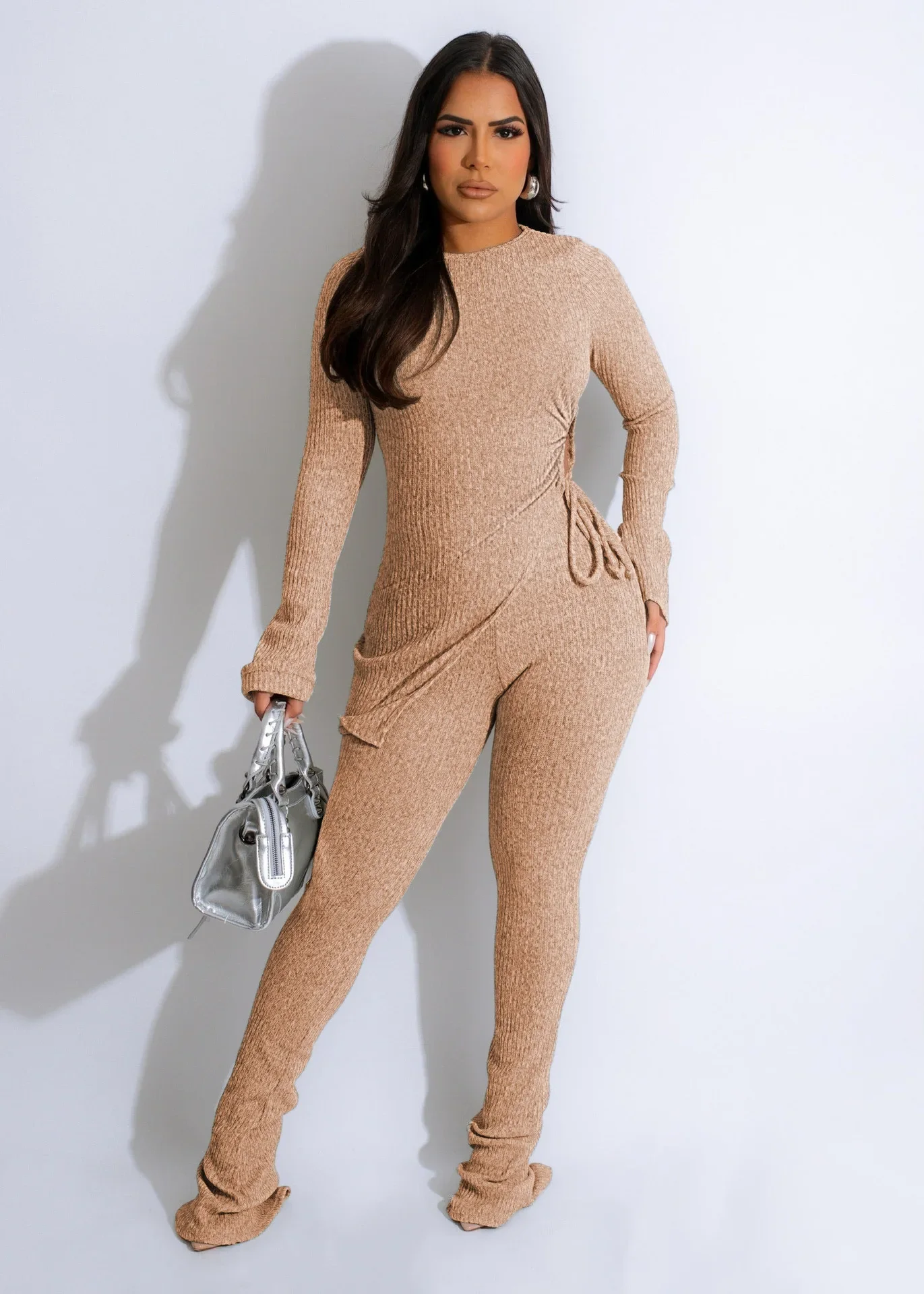 Knit Screw Thread 2 Piece Sets Women Outfit Solid Asymmetrical Lace Up Hollow Out Top Suit Fall Winter Casual Skinny Pant Sets
