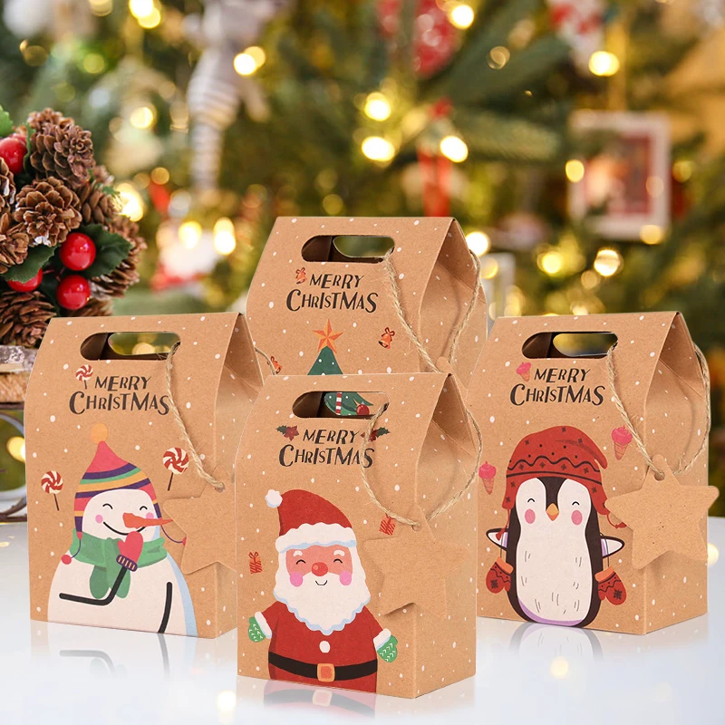 

6Pcs Merry Christmas Candy Box with Tag 6 Patterns Kraft Paper Cookies Gift Packing Bag 2023 Xmas Party Home Decor New Year 2024