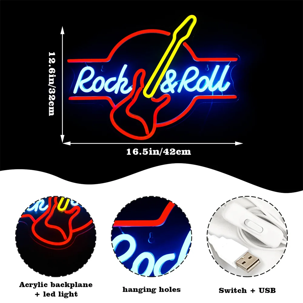 ネオンサイン ROCK ROLL ロックンロール ギター インテリア 室内装飾 ロックロールネオンサインギター音楽 Led ネオンライトアート壁