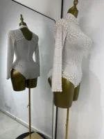 Luxury White Pearls Stretch Leotard Women Nightclub Show Bodysuit Prom Dress Long Sleeve K-Pop Performance Costumes Dropshipping - Image 2