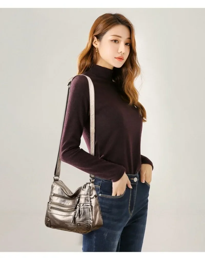Soft Leather Shoulder Bag - Women's Crossbody Double Layered Large Capacity Tote