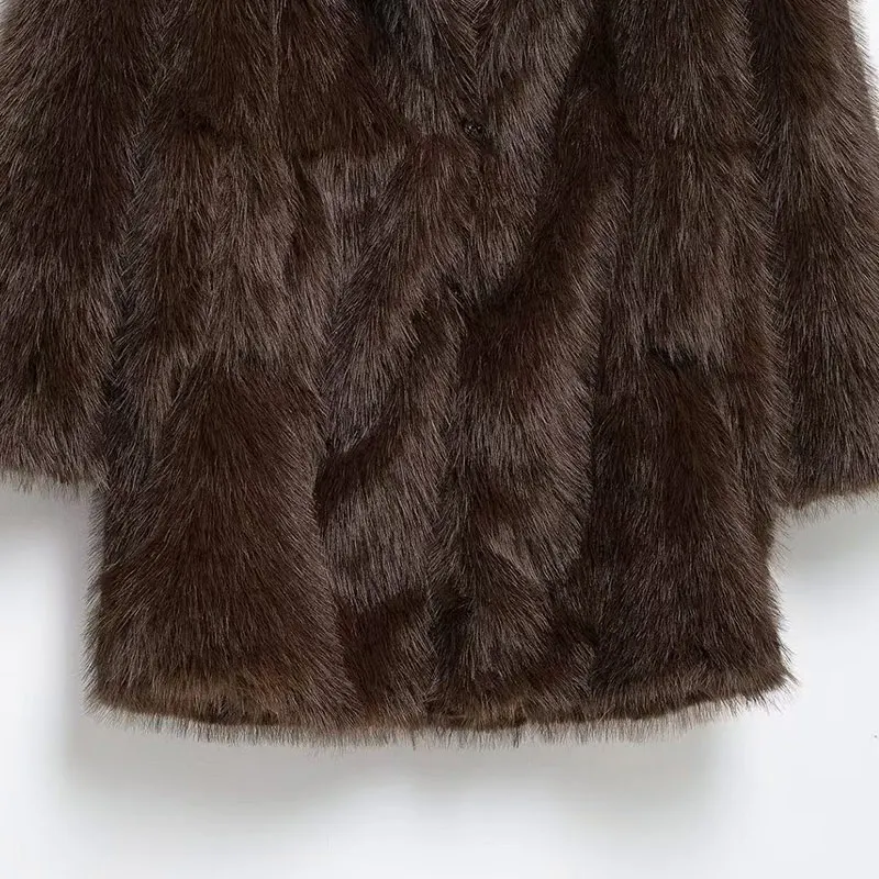 Chaqueta de piel sintética marrón de lujo para mujer, abrigo grueso y esponjoso de manga larga con solapa extragrande, ropa de calle cálida de lujo para invierno.