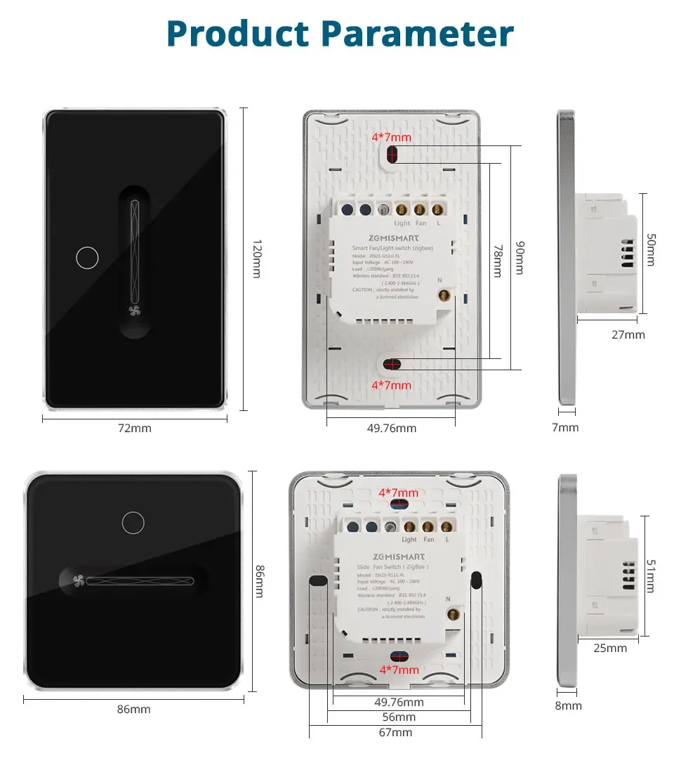 Zigbee Smart Fan Light Switch Neutral Required 1 Gang Touch Light Switch with Sl