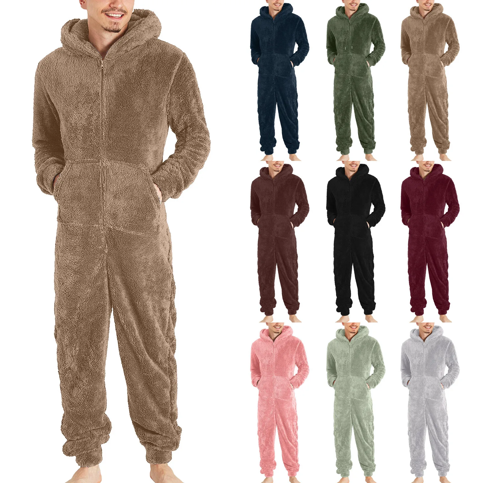 Mens Fluffy Jumpsuit Pajama Autumn Winter Fleece Thermal Solid Color Hooded Onesies Loose Zipper Soft Sleepwear Overalls Male