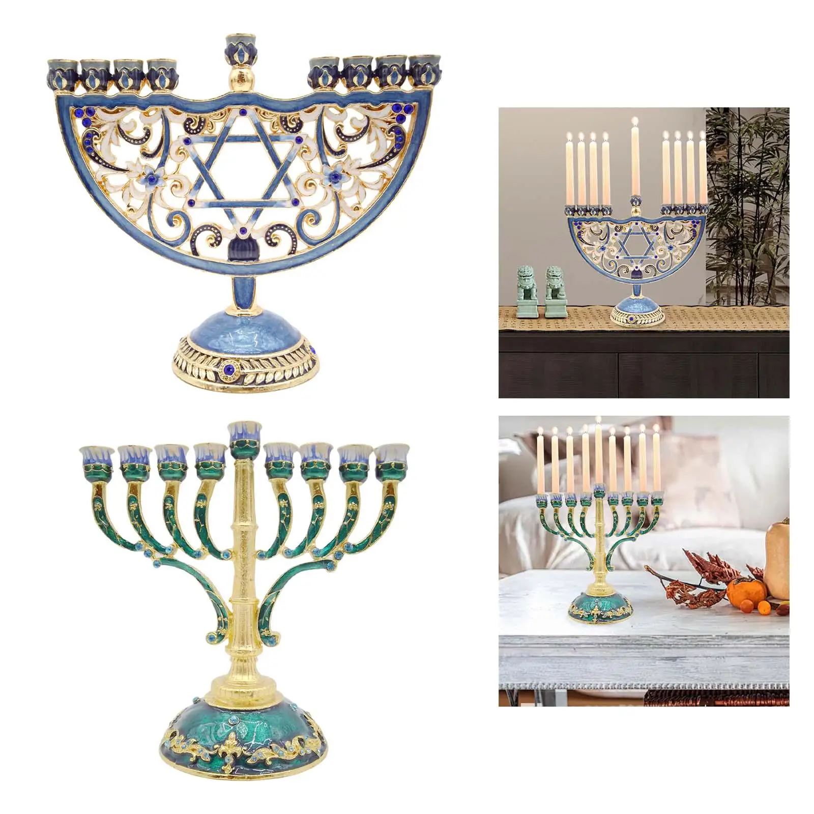 Enameled Metal Menorah with Jeweled Accents Bejeweled Jewish Candlesticks