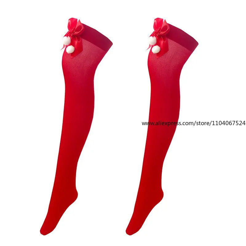 ZHIYU Bolas de pelo con lazo de Navidad, muslo, medias largas altas por encima de la rodilla, Navidad, cosplay, fiesta, disfraces, calcetines hasta la rodilla, calcetines largos a rayas, calcetines