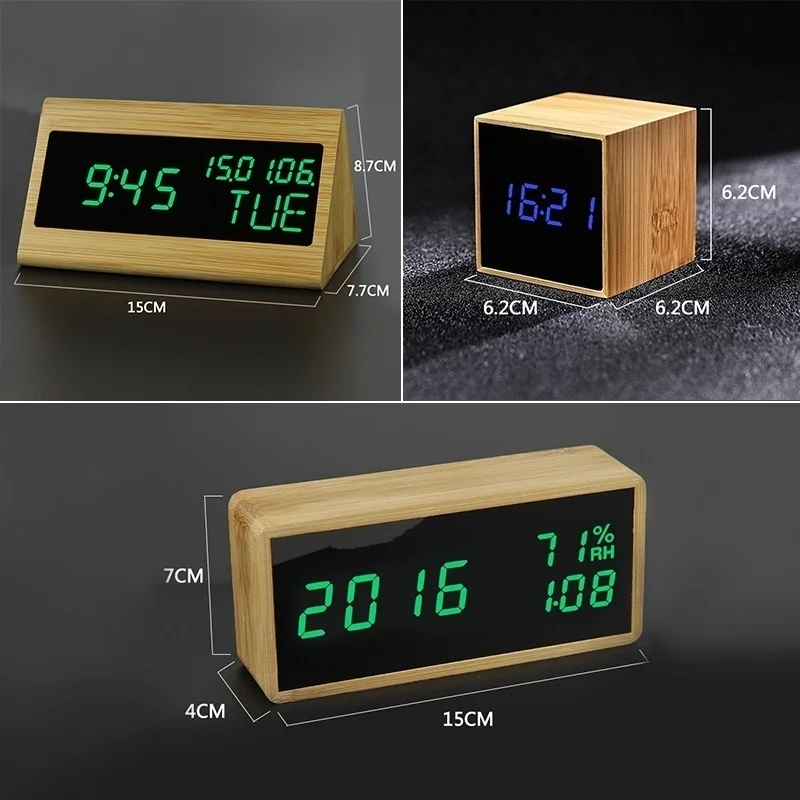 100% Bamboo LED Alarm Clocks Temperature Humidity Multifunction Digital Wooden Snooze Clock Voice Control Living Room Decoration 3
