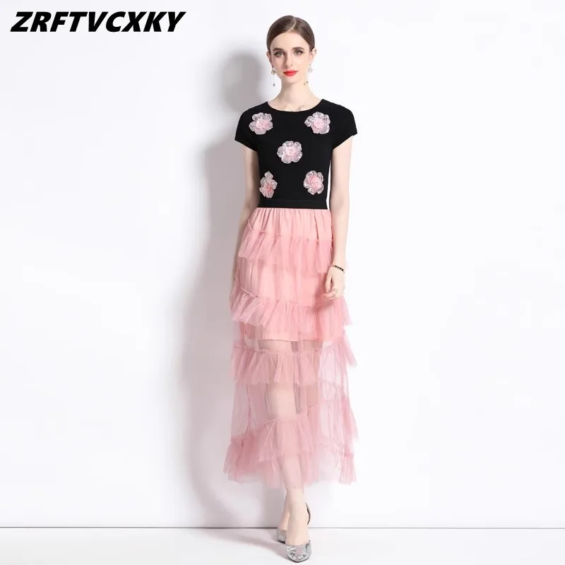 

Elegant Fashion Flowers Embroidery Knitted Patchwork Pink Mesh Ruffles Cake Dress Vestidos Lady Summer Short Sleeve Casual Dress