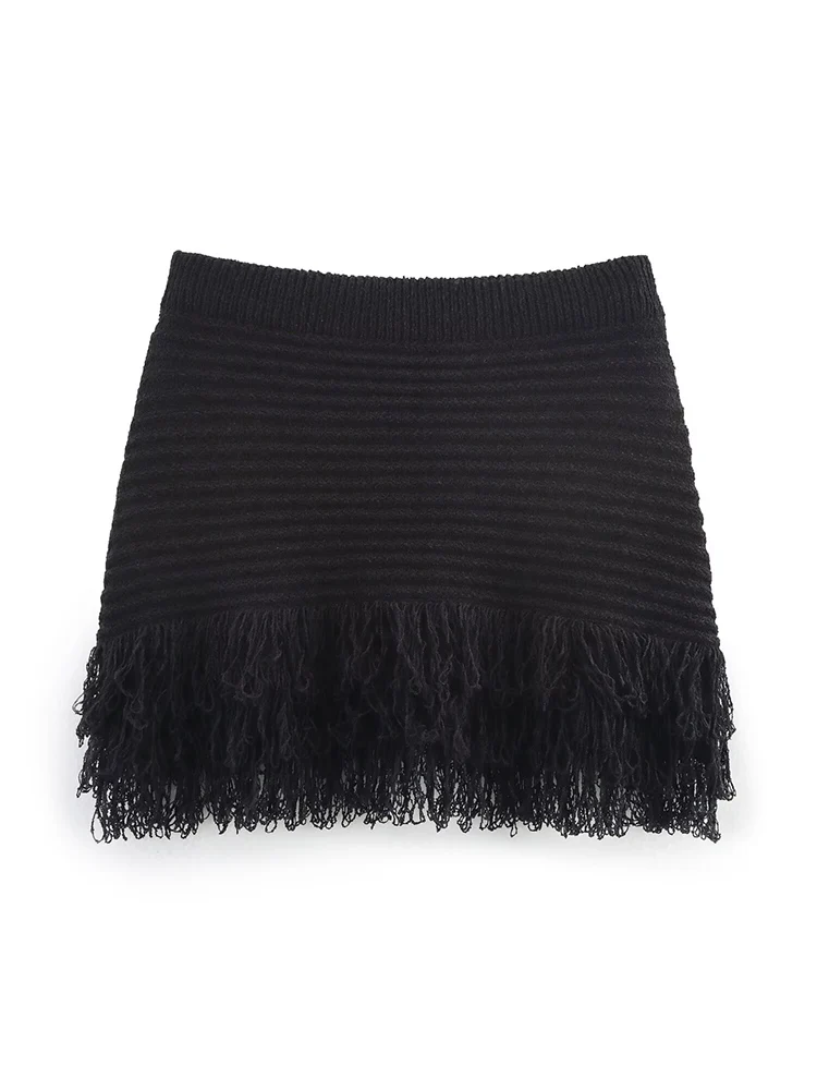 TFMLN Elegant Women's Tassel Knitted Mini Skirt Set Chic Hollow Out Short Sleeve Button Tops High Waist Skirt Female Slim Outfit