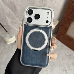 Elegant Rotating Magnetic Leather Phone Stand Case with Air Plating Hybrid Protector Cover - iPhone 15 Plus (Navy Blue)