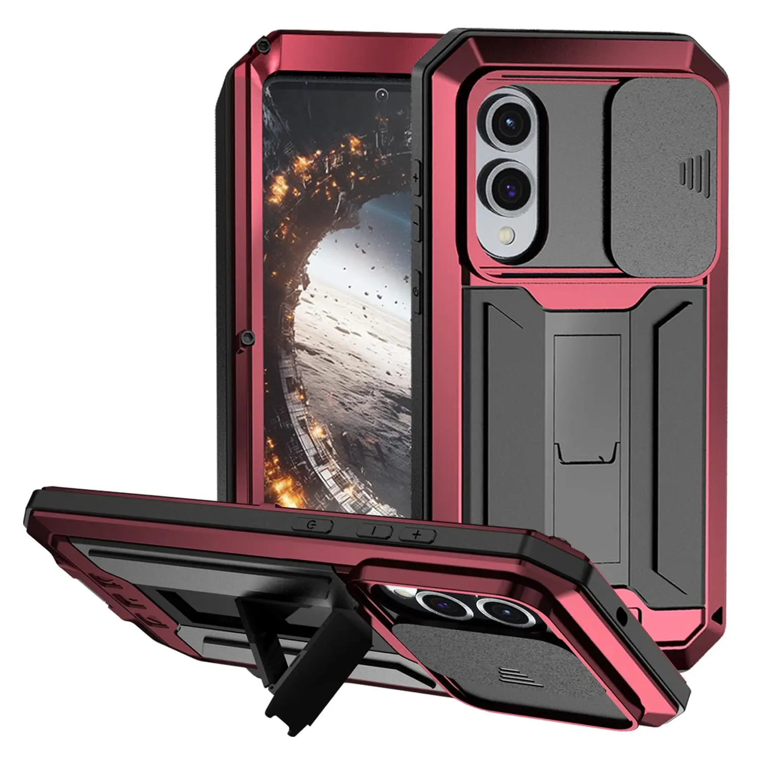 Premium Metal Case with Screen Protector, Slide Camera Cover, Kickstand, and Heavy Duty Shockproof Design