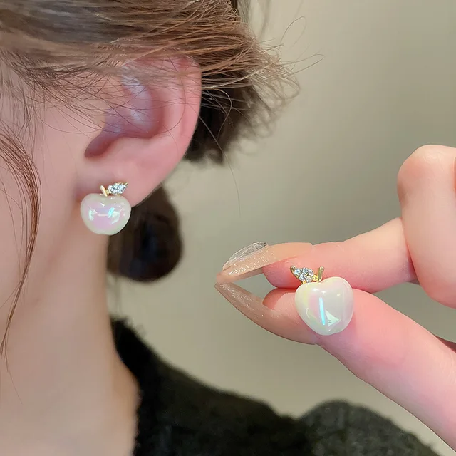 Inlaid Rhinestone  Pearl Creative Apple Earrings for Women Simple Studs Commuter Stud Earrings Wholesale Charms Jewelry 3