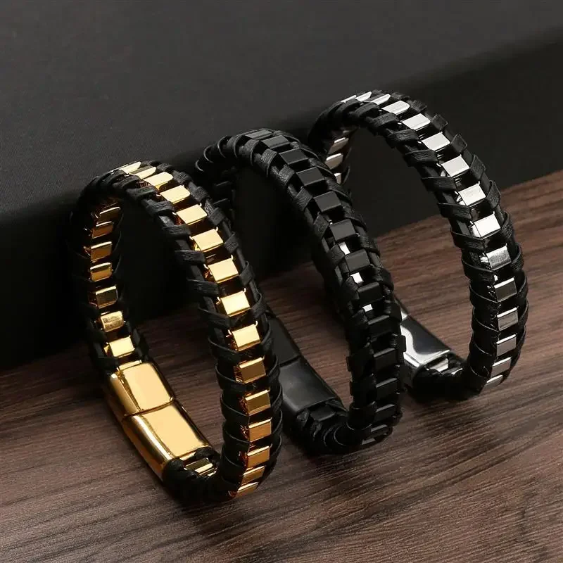 

Braided Rope Woven Black Leather Men Bracelets Punk Style Stainless Steel Bangle for Friend Charm Fashion Jewelry Gifts