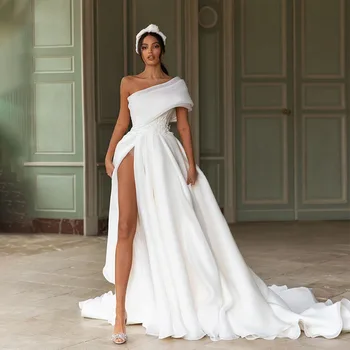Elegant Appliques One Shoulder Wedding Dresses Split A-Line Bride Gow With Bow Long Train Bride Dress Vestidos