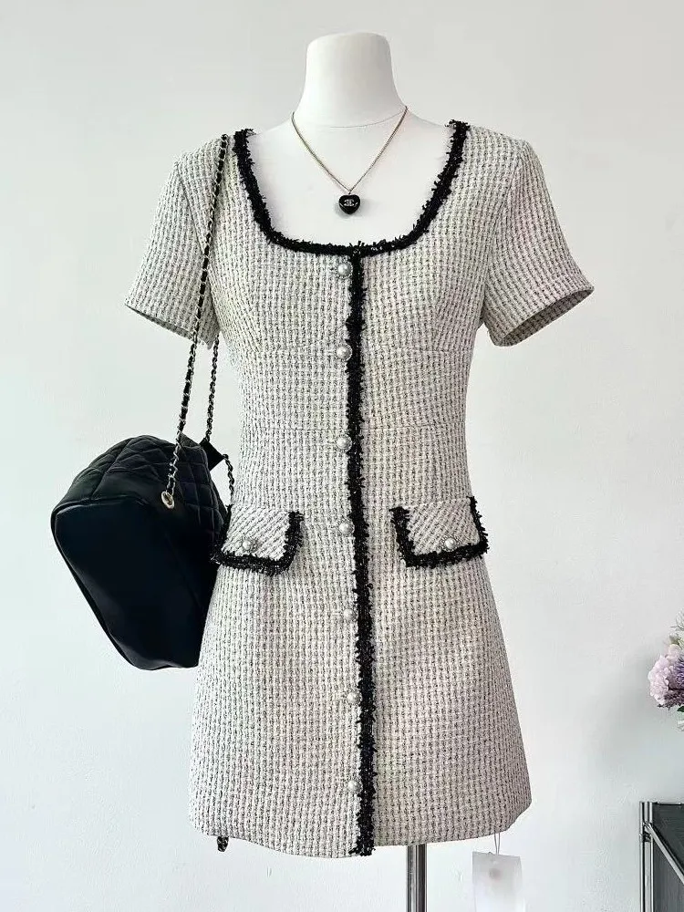 

Runway French Summer Chic Tweed O-Neck Dress For Women Sweet Woolen Small Fragrant Slim Waist Mini Dresses Vestidos