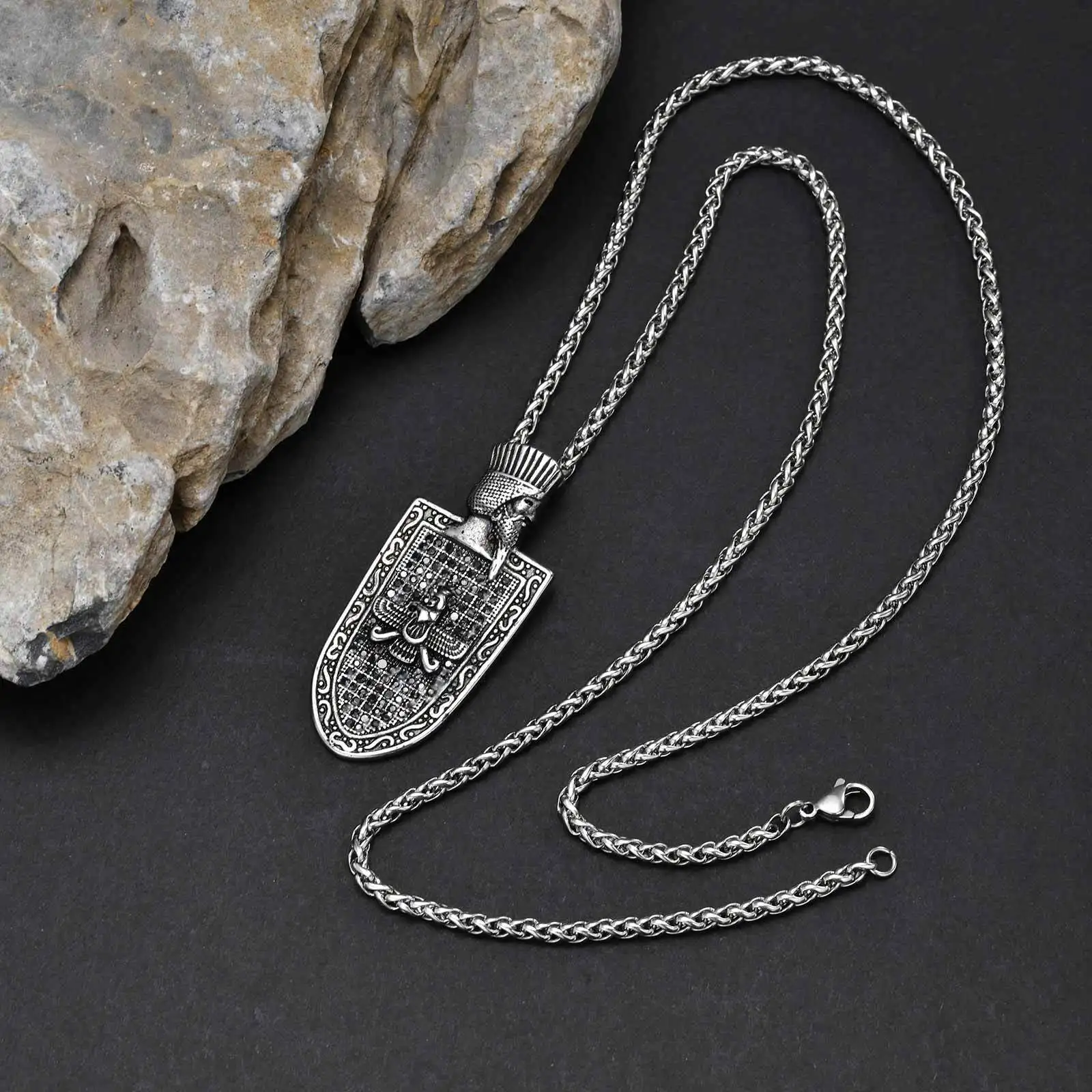 Men Zoroaster Zoroastrian Pendant Necklace,Stainlesss Steel Black Zircon Shield Pendant Necklace Gift