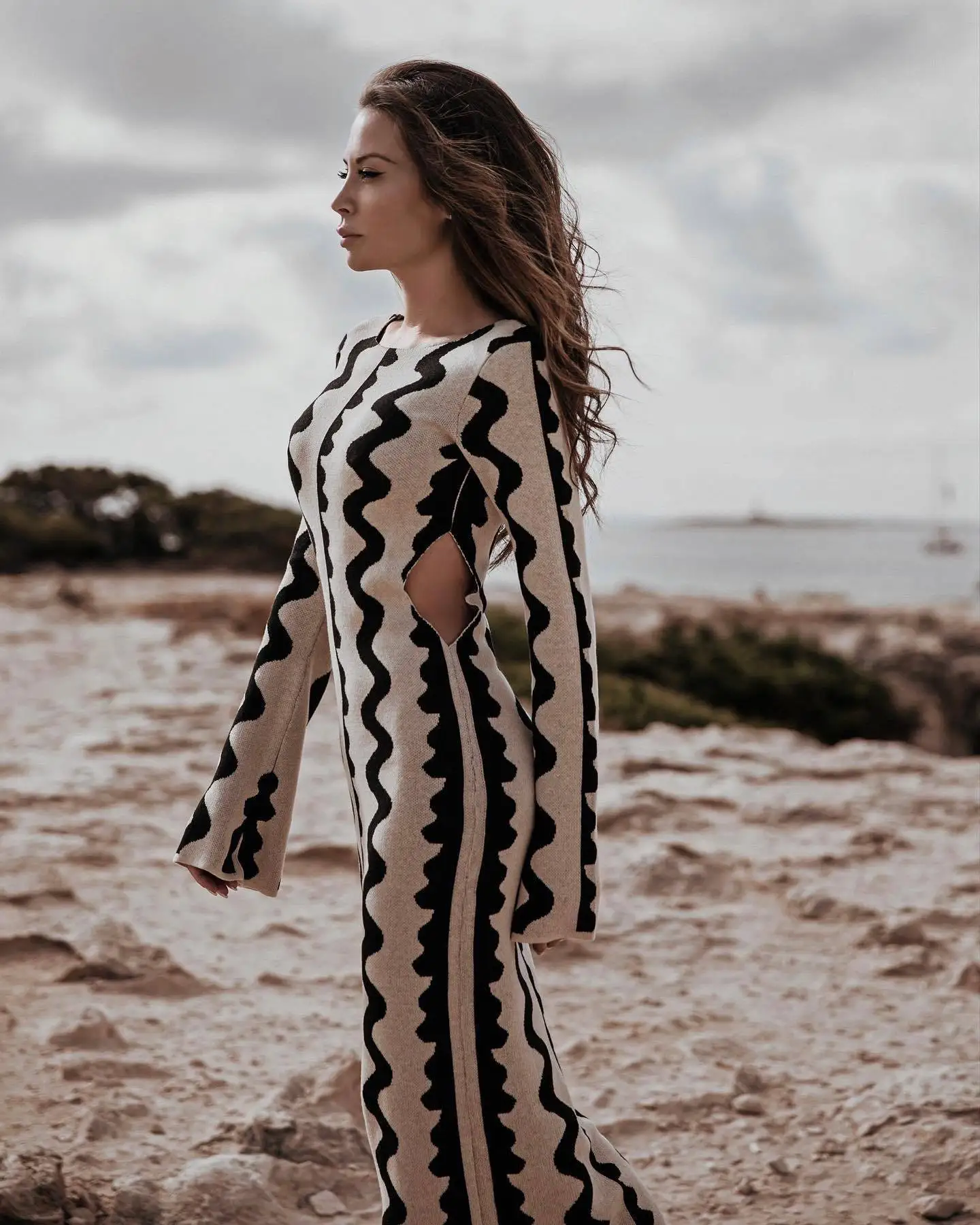 

Zabrina Ribbed Sweater Knitted Dresses Party Chic Elegant Outfit Summer Winter Floral Print Women Long Sleeve Bodycon Dress 2023