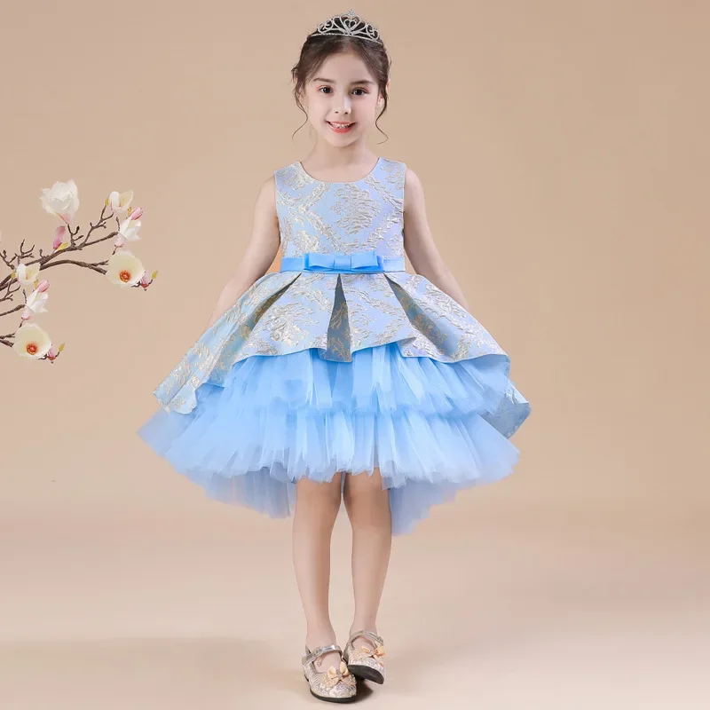 

2024 Элегантное свадебное платье для девочек со шлейфом, женское бальное платье с вышивкой, кружевное платье принцессы с цветами для девочек, детские платья