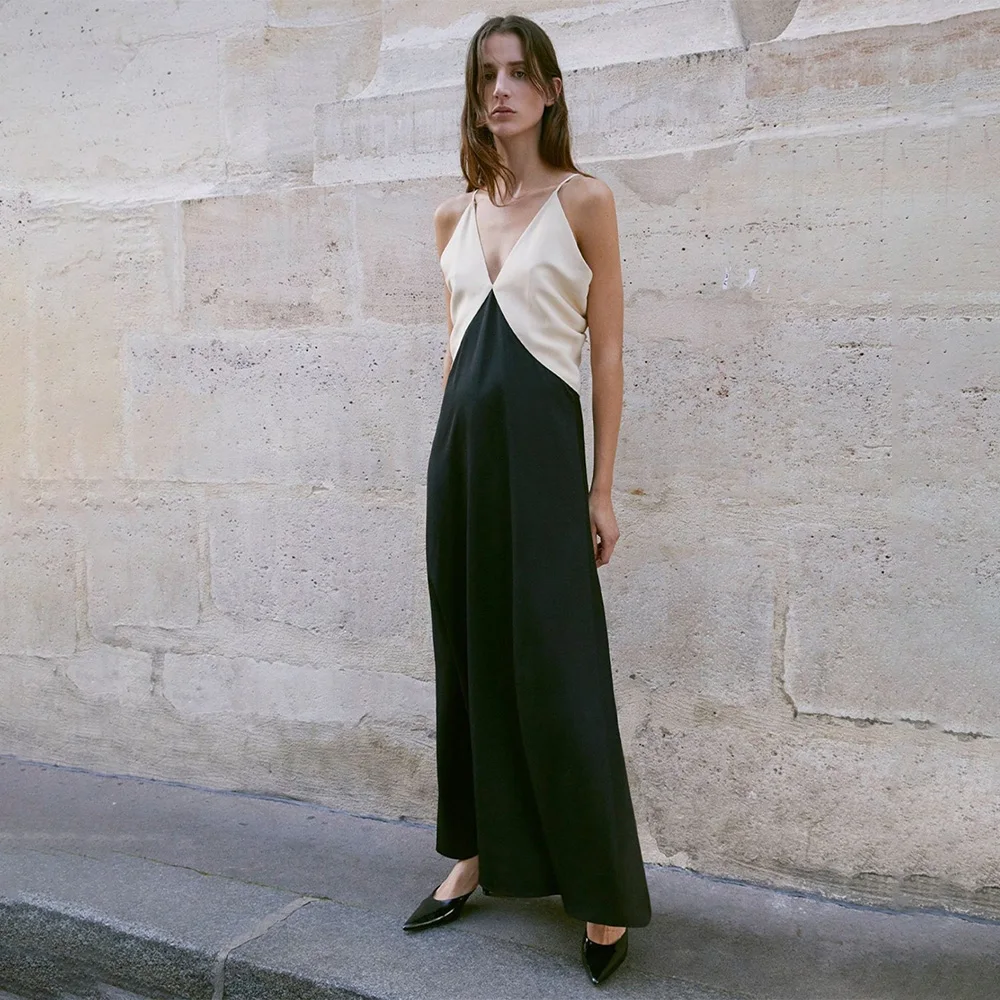 

Scandinavian T0teme new designer models halter dress premium sense twill colour blocking mid-length V-neck dress women