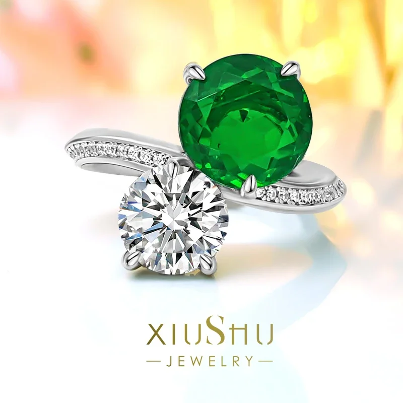 

Desire Light Luxury 925 Silver Artificial Emerald Ring Inlaid with High Carbon Diamond Double Stone Temperament Versatile