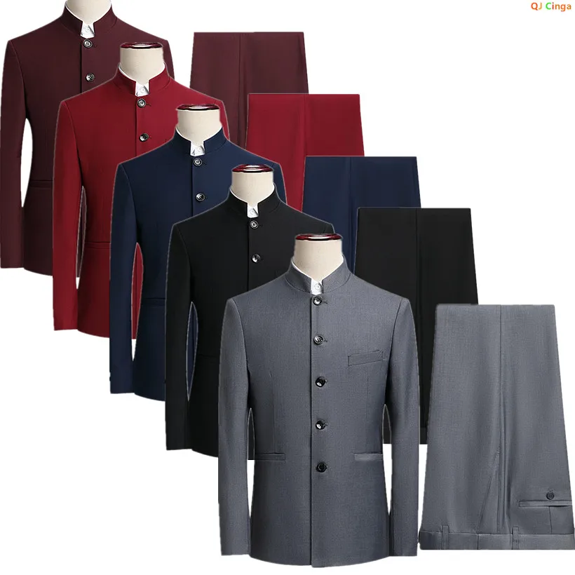 China Style Men Black Suit Two Piece Single Breasted Lapel Jacket with Trousers Asian Size M-6XL Wedding/Party/Business Suits